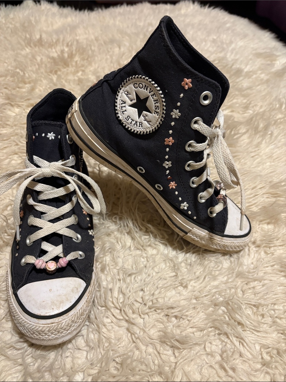 Converse Black High-Top Sneakers with Pink & White Floral Studs